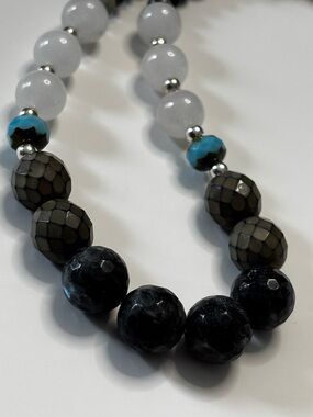 Hand Crafted Black, Gray, White & Turquoise Accent Beaded Necklace